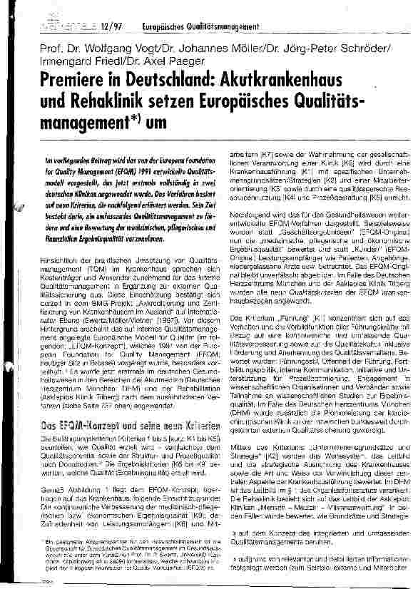 Vorschauseite 1: Premiere in Deutschland: Akutkrankenhaus und Rehaklinik setzen Europäisches Qualitätsmanagement um