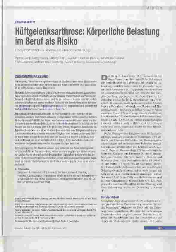 Vorschauseite 1: Hüftgelenksarthrose; Körperliche Belastung im Beruf als Risiko