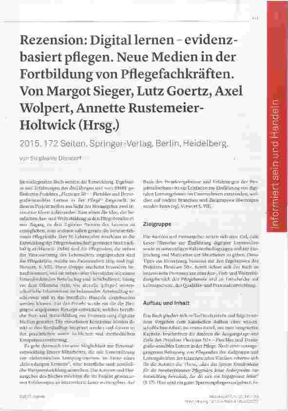 Vorschauseite 1: Rezension: Digital lernen evidenzbasiert pflegen. Neue Medien in der Fortbildung von Pflegefachkräften. Von Margot Sieger, Lutz Goertz, Axel Wolpert, Annette Rustemeier-Holtwick (…