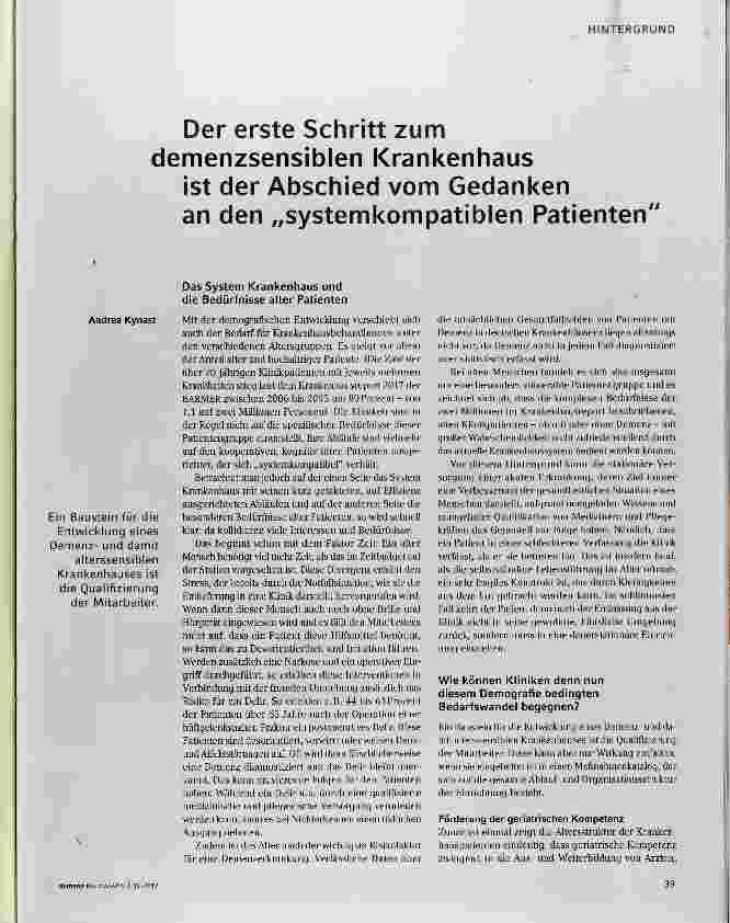 Vorschauseite 1: Der erste Schritt zum demenzsensiblen Krankenhaus ist der Abschied vom Gedanken an den „systemkompatiblen Patienten