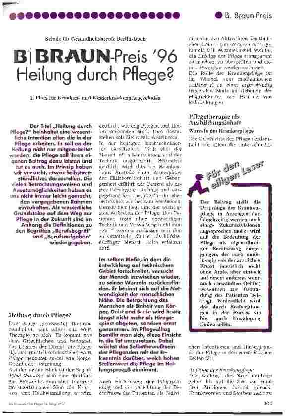 Vorschauseite 1: B BRAUN-Preis 96 Heilung durch Pflege? 2. Platz für Krankenund Kinderkrankenpflegeschulen