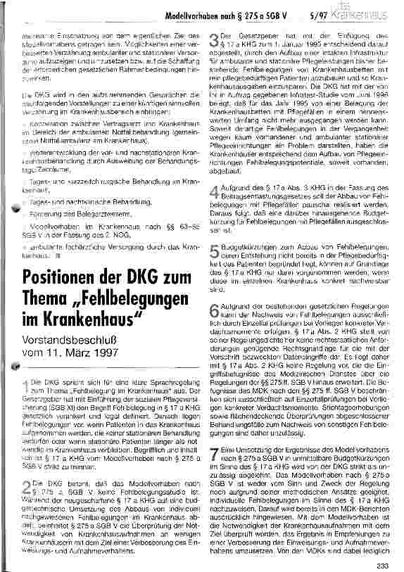 Vorschauseite 1: Postitionen der DKG zum Thema Fehlbelegungen im Krankenhaus Vorstandsbeschluss vom 11. März 1997
