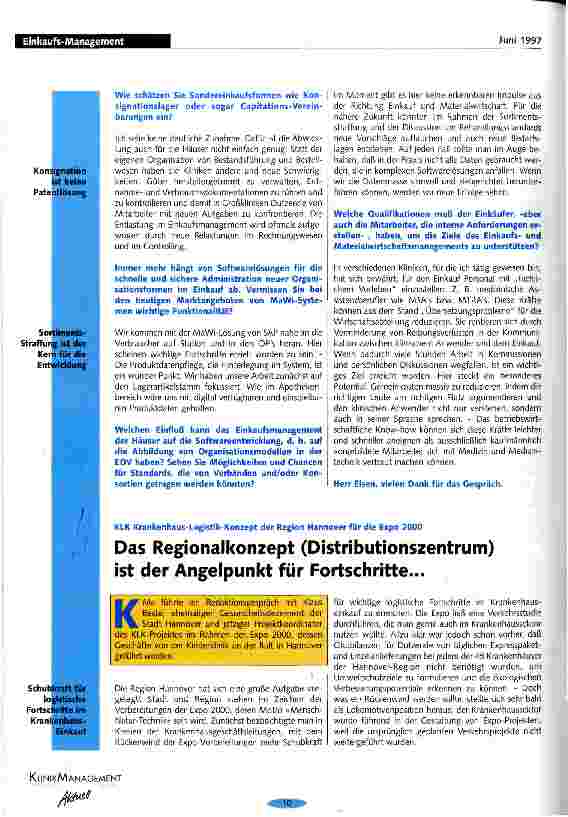 Vorschauseite 1: Das Regionalkonzept (Distributionszentrum) ist der Angelpunkt für Fortschritte KLK Krankenhaus-Logistik-Konzept der Region Hannover für die Expo 2000