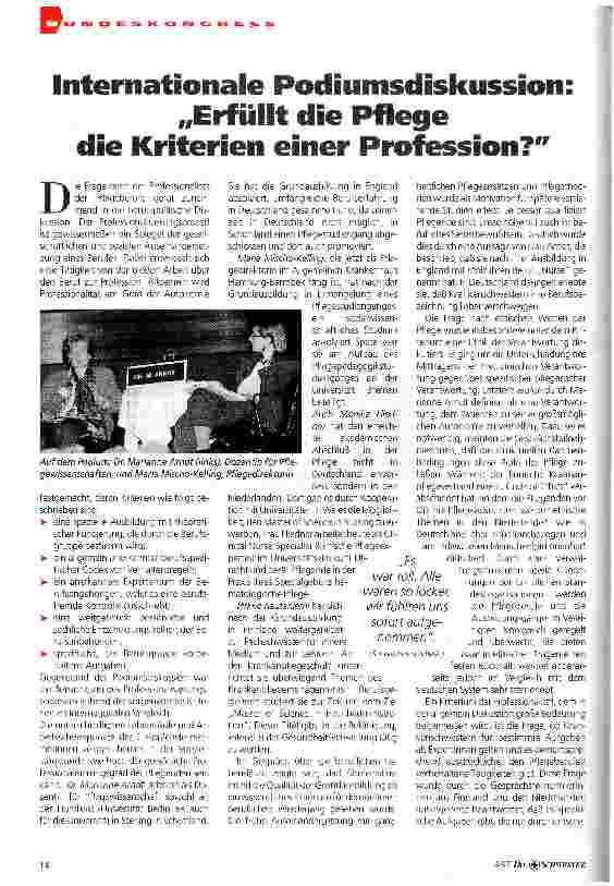 Vorschauseite 1: Internationale Podiumsdiskussion Erfüllt die Pflege die Kriterien einer Profession?