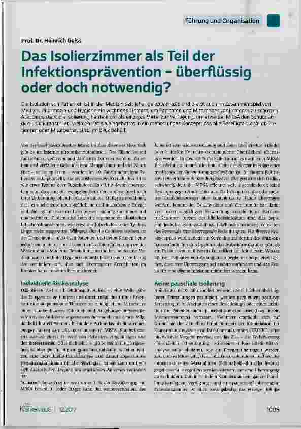 Vorschauseite 1: Das Isolierzimmer als Teil der Infektionsprävention überflüssig oder doch notwendig?
