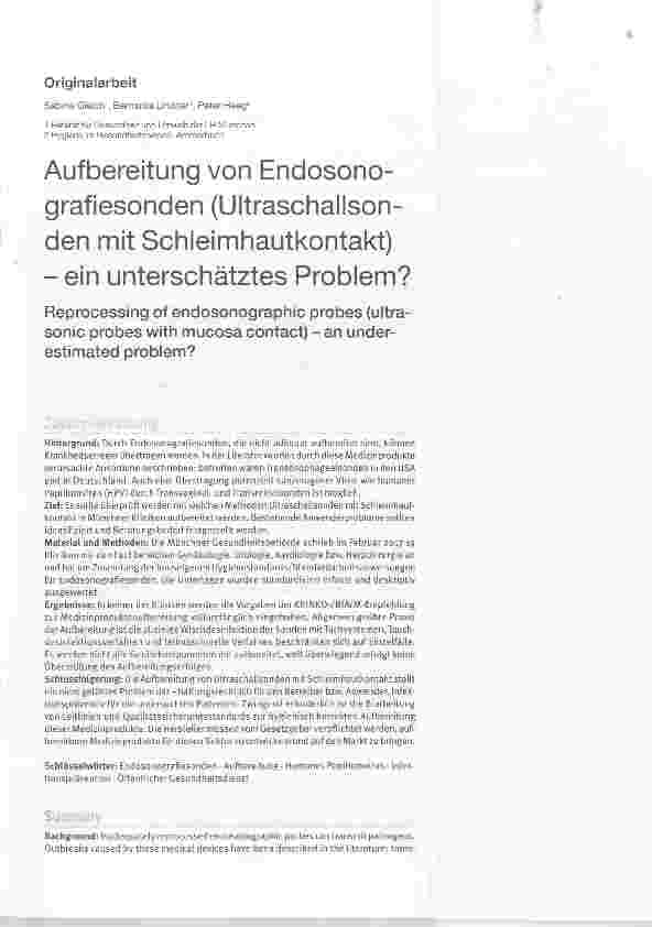 Vorschauseite 1: Aufbereitung von Endosonografiesonden (Ultraschallsonden mit Schleimhautkontakt)ein unterschätztes Problem?