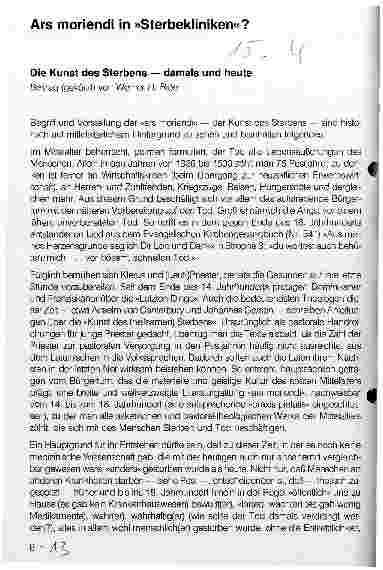 Vorschauseite 1: Ars moriendi in Sterbekliniken? Die Kunst des Sterbens - damals und heute