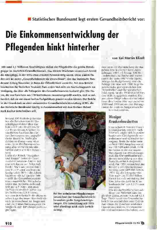 Vorschauseite 1: Statistisches Bundesamt legt ersten Gesundheitsbericht vor : Die Einkommensentwicklung der pflegenden hinkt hinterher