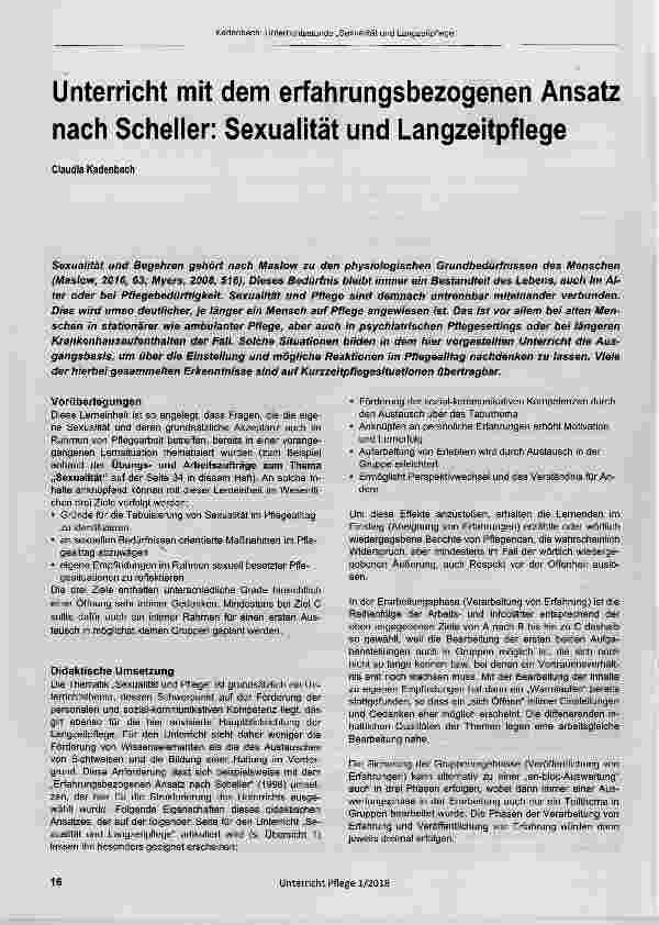 Vorschauseite 1: Unterricht mit dem erfahrungsbezogenen Ansatz nach Scheiier: Sexuaiität und Langzeitpflege