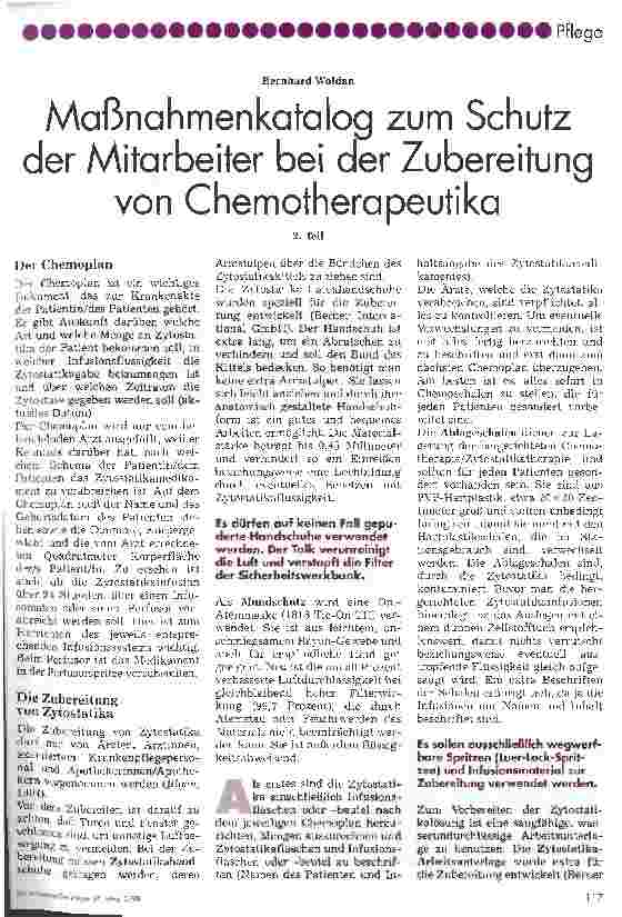 Vorschauseite 1: Maßnahmenkatalog zum Schutz der Mitarbeiter bei der Zubereitung von Chemotherapeutika 2. Teil