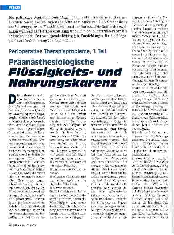 Vorschauseite 1: Perioperative Therapieprobleme. 1 Teil: Präanästhesiologische Flüssigkeitsund Nahrungskarenz