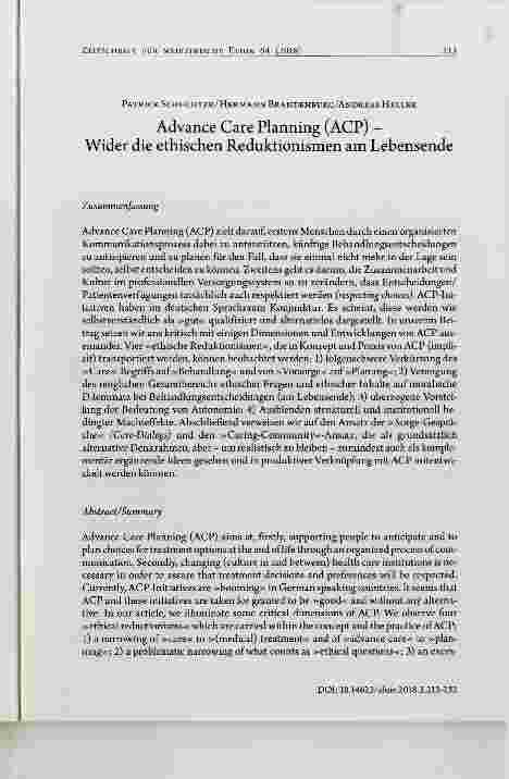 Vorschauseite 1: Advance Care Planning (ACP) - Wider die ethischen Reduktionismen am Lebensende