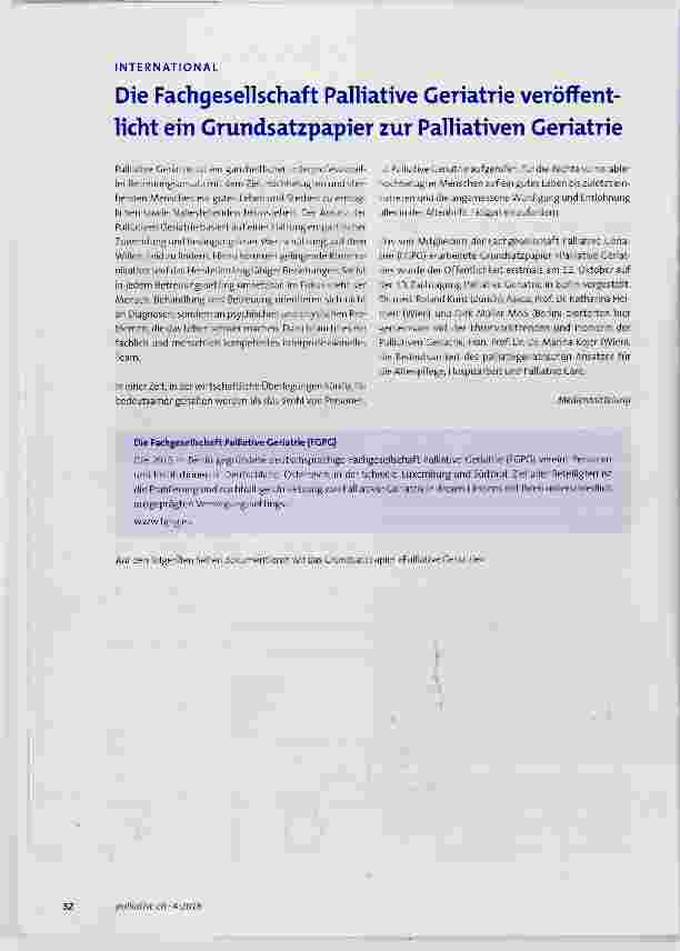 Vorschauseite 1: Die Fachgesellschaft Palliative Geriatrie veröffentlicht ein Grundsatzpapier zur Palliativen Geriatrie