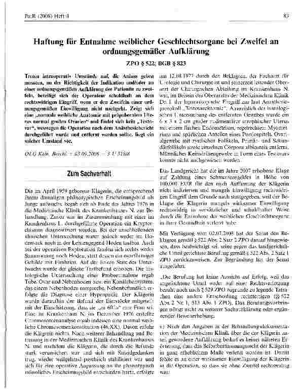 Vorschauseite 1: Haftung für Entnahme weiblicher Geschlechtsorgane bei Zweifel an ordnungsgemäßer Aufklärung