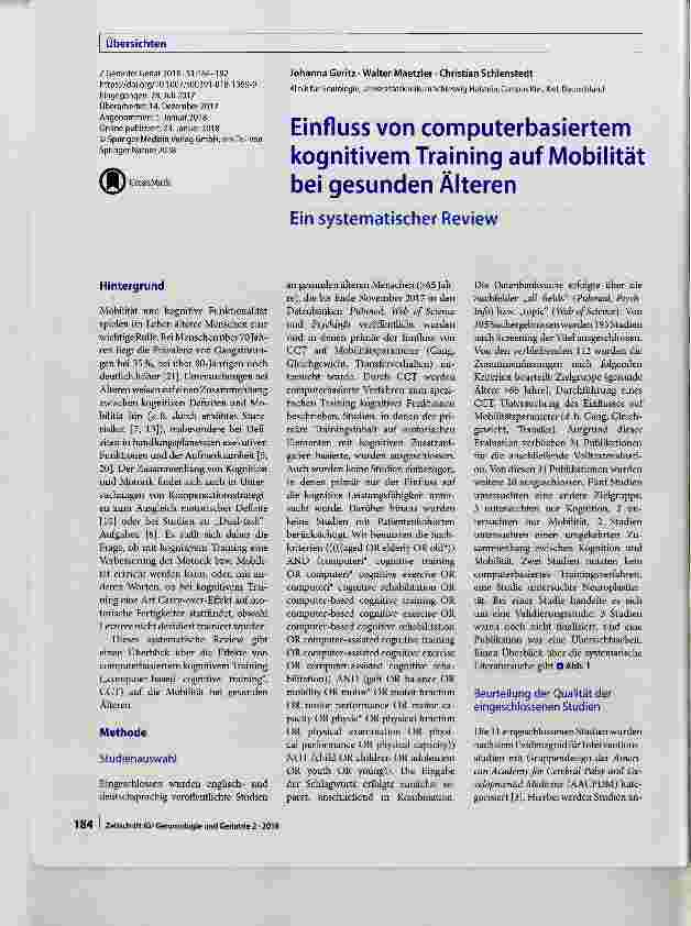 Vorschauseite 1: Einfluss von computerbasiertem kognitivem Training auf Mobilität bei gesunden Älteren