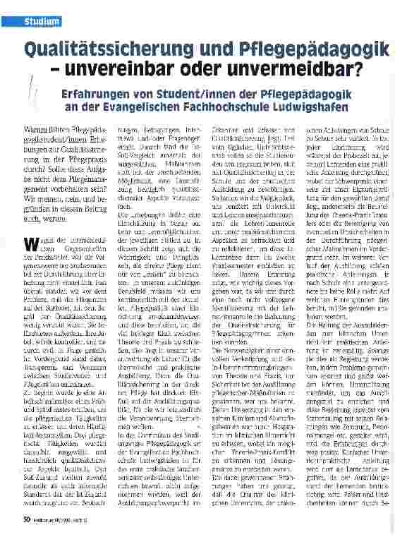 Vorschauseite 1: Qualitätssicherung und Pflegepädagogik - unvereinbar oder unvermeidbar? Erfahrungen von SudentInnen der Pflegepädagogik