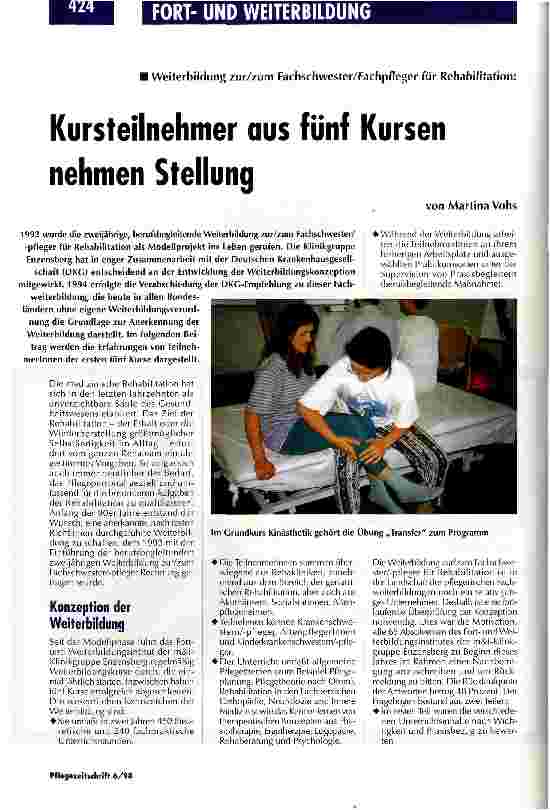 Vorschauseite 1: Kursteilnehmer aus fünf Kursen nehmen Stellung Weiterbildung zur/zum Fachschwester/Fachpfleger für Rehabilitation