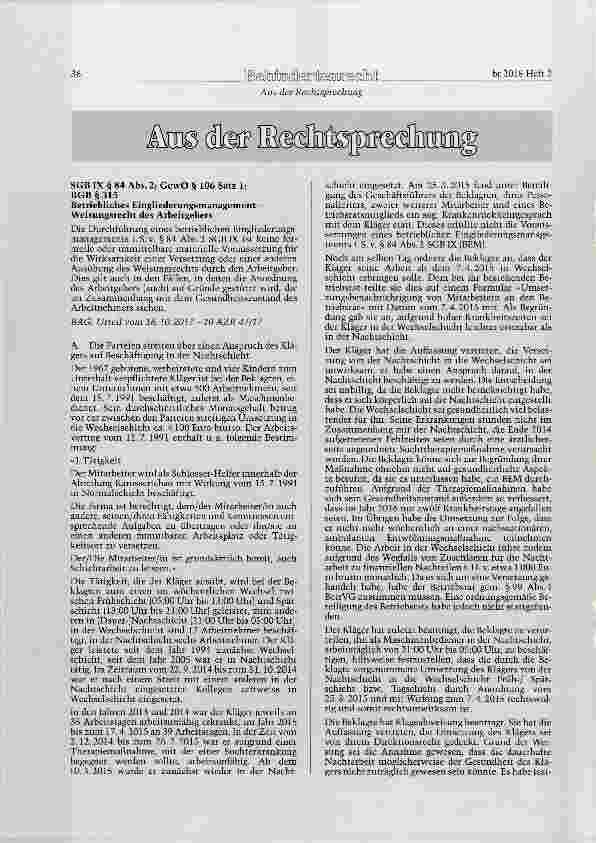 Vorschauseite 1: SGB IX § 84 Abs. 2; GewO § 106 Satz 1; BGB §315 Betriebliches Eingliederungsmanagement Weisungsrecht des Arbeitgebers