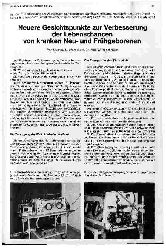 Vorschauseite 1: Neuere Gesichtspunkte zur Verbesserung der Lebenschancen von kranken Neuund Frühgeborenen