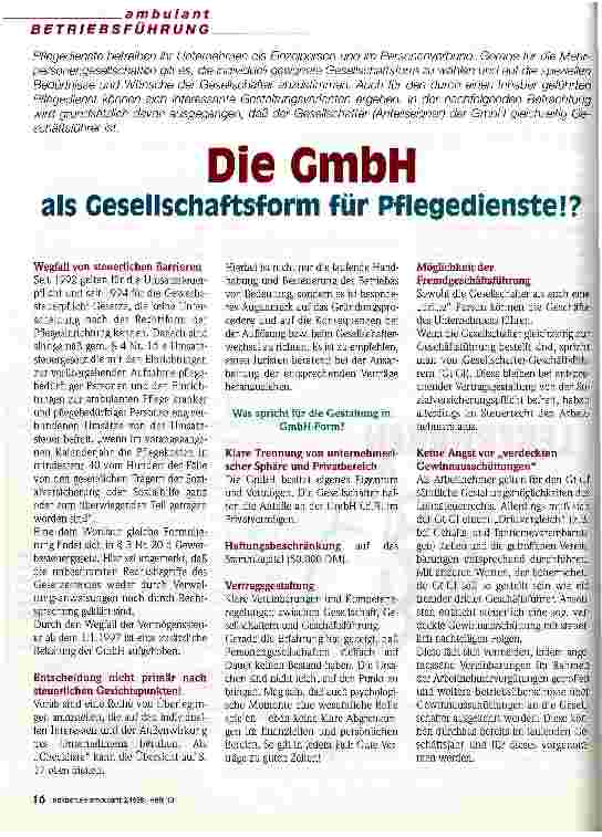 Vorschauseite 1: Die GmbH als Gesellschaftsform für Pflegedienste?!