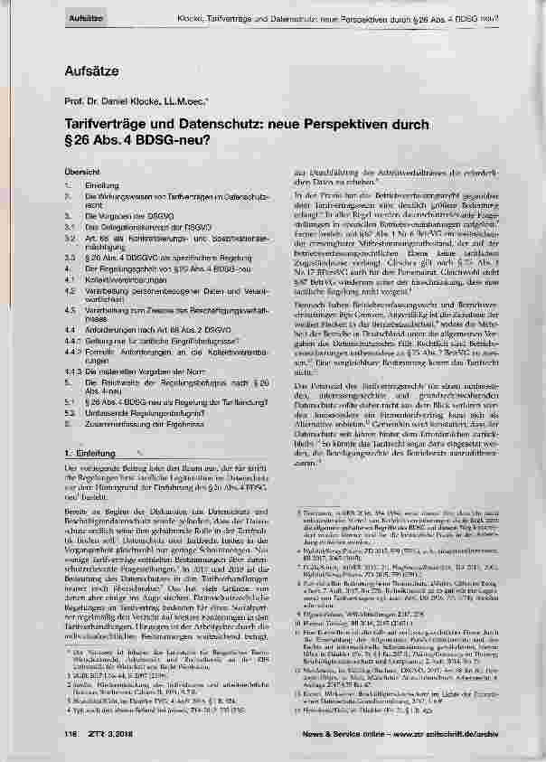 Vorschauseite 1: Tarifverträge und Datenschutz: neue Perspektiven durch §26 Abs. 4 BDSG-neu?