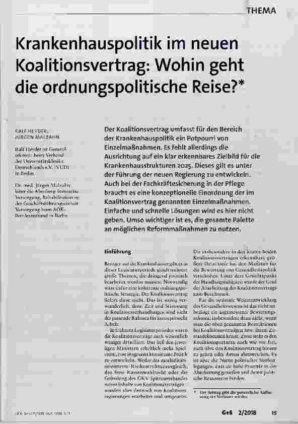 Vorschauseite 1: Krankenhauspolitik im neuen Koalitionsvertrag: Wohin geht die ordnungspolitische Reise?