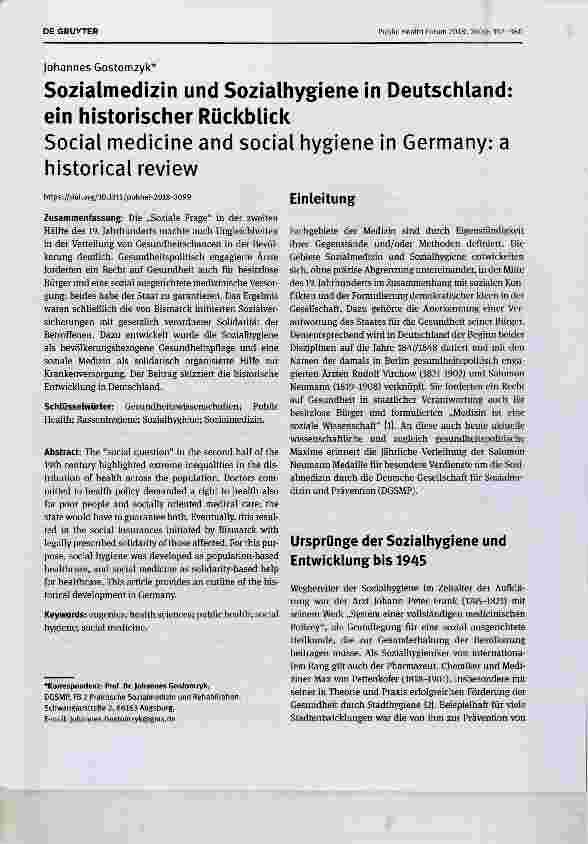 Vorschauseite 1: Sozialmedizin und Sozialhygiene in Deutschland: ein historischer Rückblick