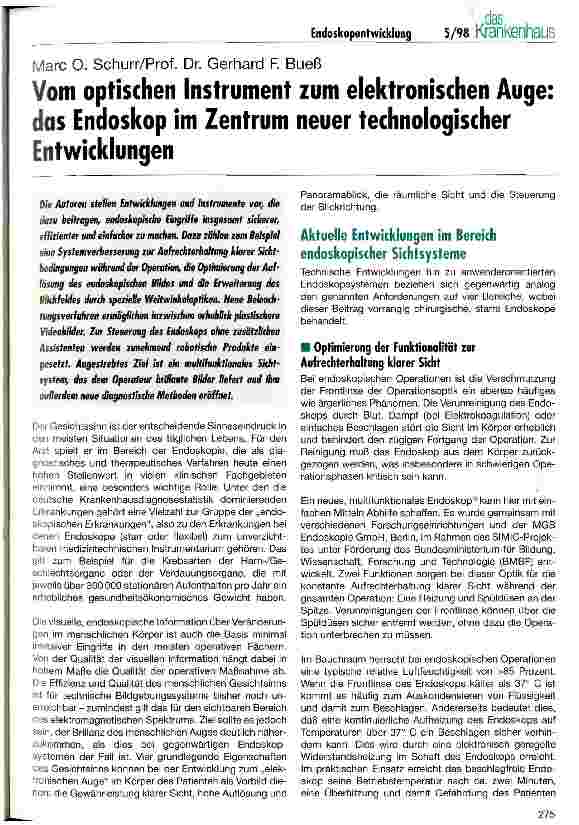 Vorschauseite 1: Vom optischen Instrument zum elektronischen Auge: das Endoskop im Zentrum neuer technologischer Entwicklungen
