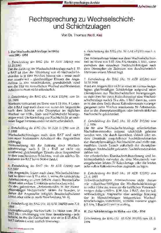 Vorschauseite 1: Rechtsprechung zu Wechselschichtund Schichtzulagen
