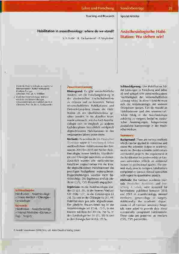 Vorschauseite 1: Anästhesiologische Habilitation; Wo stehen wir?