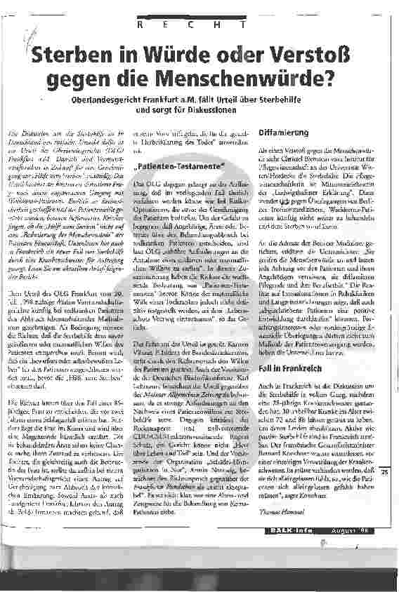 Vorschauseite 1: Sterben in Würde oder Verstoß gegen die Menschenwürde?