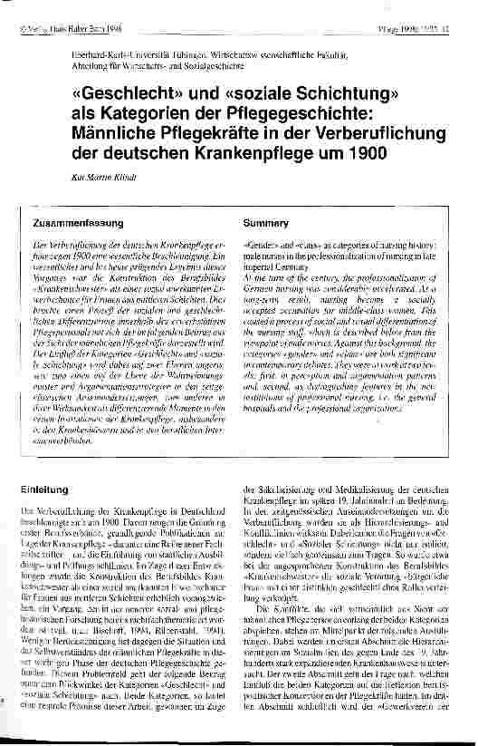 Vorschauseite 1: Geschlecht und soziale Schichtung als Kategorien der Pflegegeschichte: Männl. Pflegekräfte in der Verberuflichung der dt. Krankenpflege um 1900