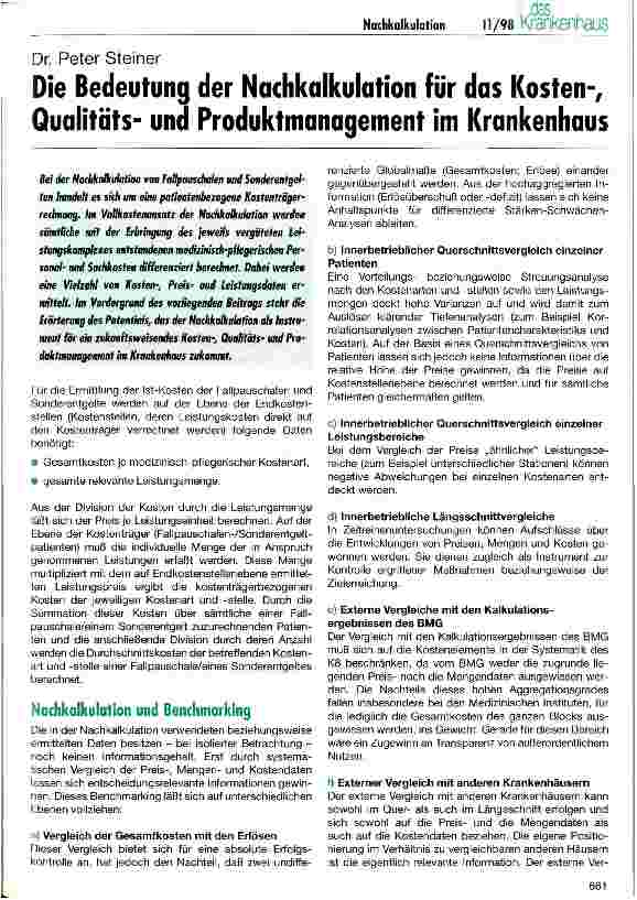 Vorschauseite 1: Die Bedeutung der Nachkalkulation für das Kosten-, Qualitätsund Produktmanagement im Krankenhaus