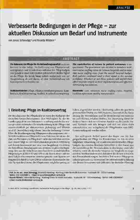 Vorschauseite 1: Verbesserte Bedingungen in der Pflege zur aktuellen Diskussion um Bedarf und Instrumente