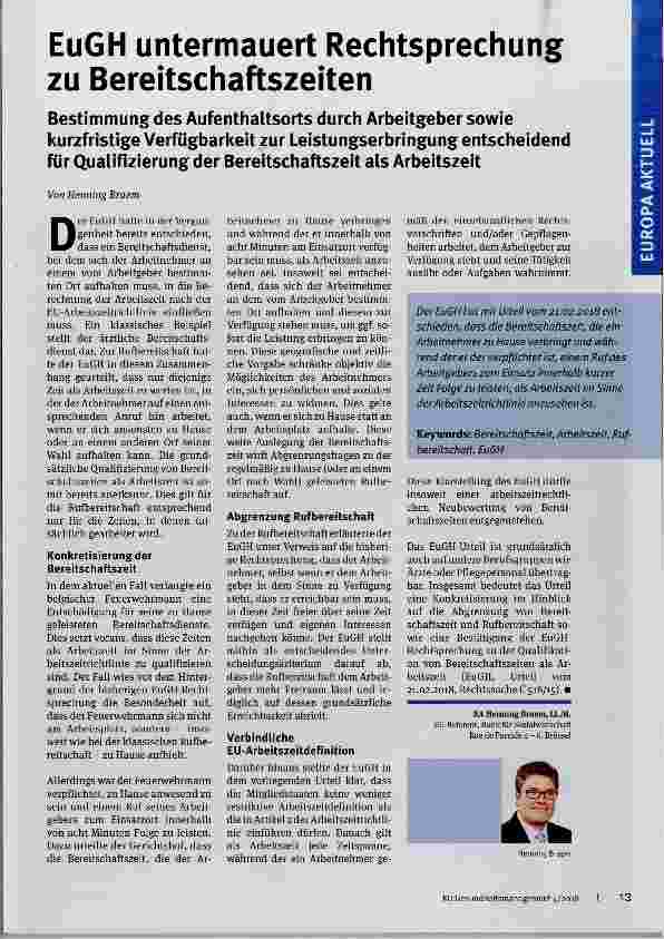 Vorschauseite 1: EuGH untermauert Rechtsprechung zu Bereitschaftszeiten