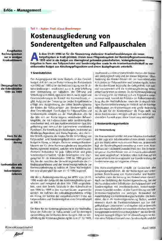 Vorschauseite 1: Kostenausgliederung von Sonderentgelten und Fallpauschalen Teil 1