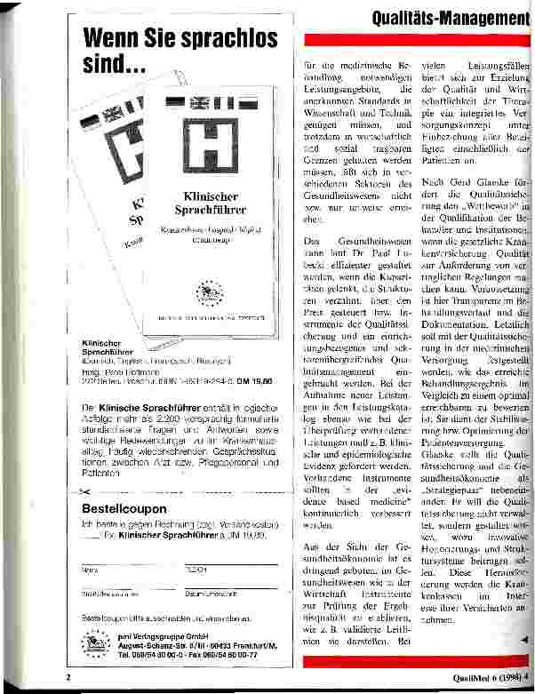 Vorschauseite 2: Qualitätssicherung und Gesundheitsökonomie - zukünftige Entwicklungen in der Patientenversorgung