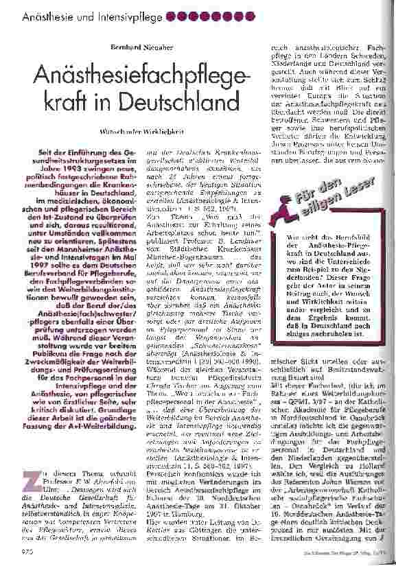 Vorschauseite 1: Anästhesiefachpflegekraft in Deutschland Wunsch oder Wirklichkeit