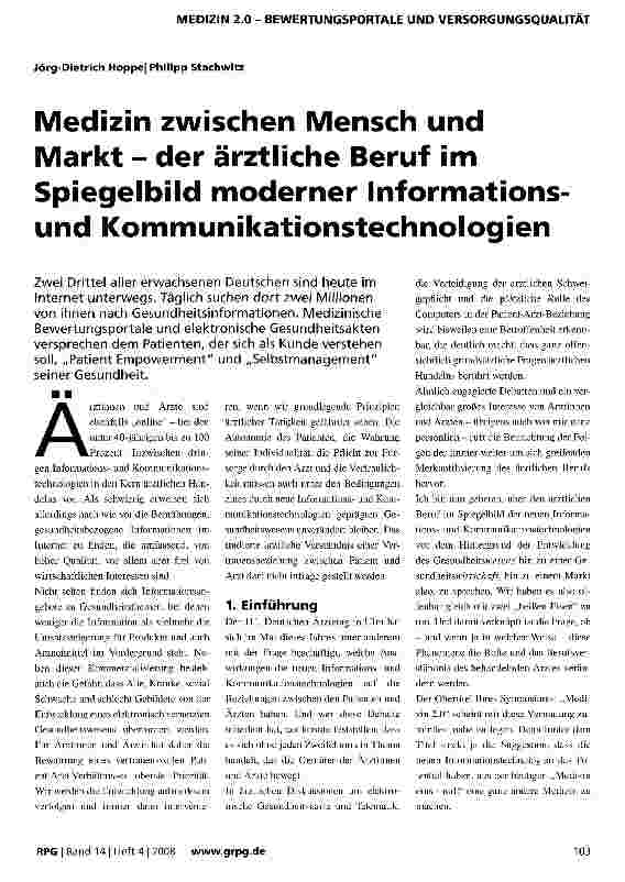 Vorschauseite 1: Medizin zwischen Mensch und Markt - der ärztliche Beruf im Spiegelbild moderner Informationsund Kommunikationstechnologien