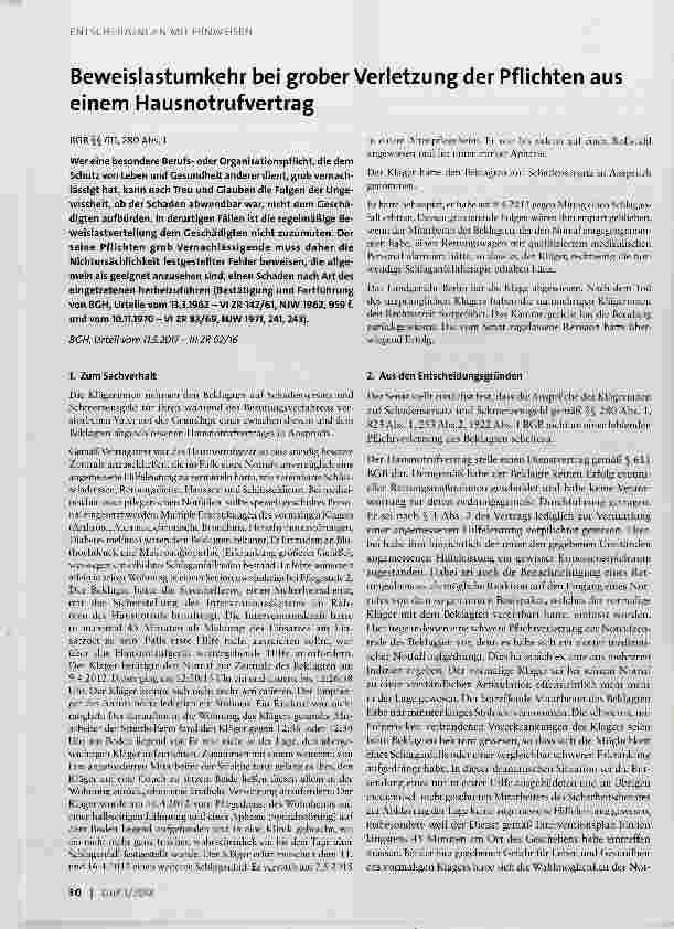 Vorschauseite 1: Beweislastumkehr bei grober Verletzung der Pflichten aus einem Hausnotrufvertrag