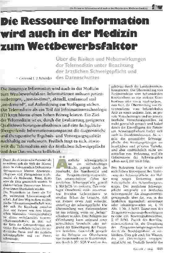 Vorschauseite 1: Die Ressource Information wird auch in der Medizin zum Wettbewerbsfaktor - Risiken und Nebenwirkungen der Telemedizin