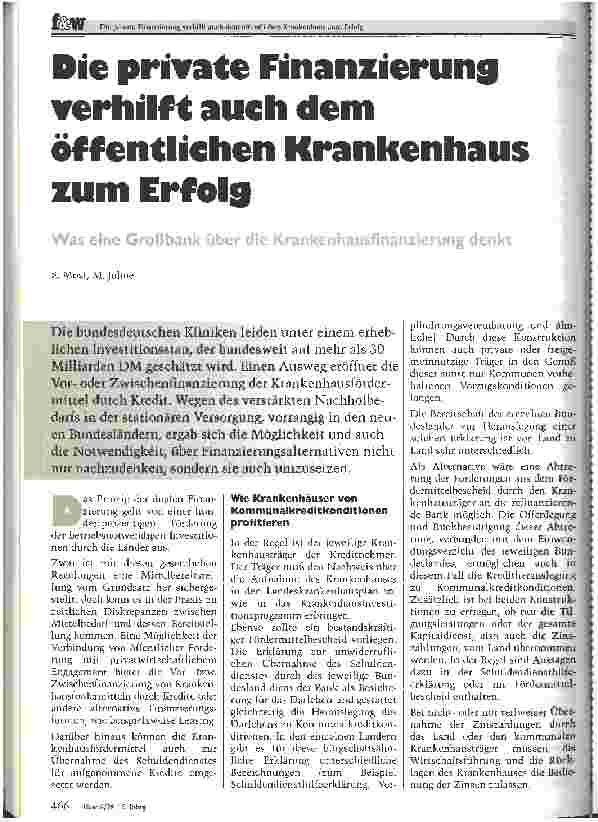 Vorschauseite 1: Die private Finanzierung verhilft auch dem Krankenhaus zum Erfolg Was eine Großbank über die Krankenhausfinanzierung denkt