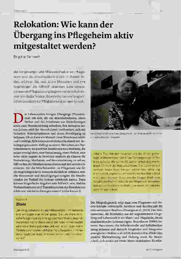 Vorschauseite 1: Relokation: Wie kann der Übergang ins Pflegeheim aktiv mitgestaltet werden?