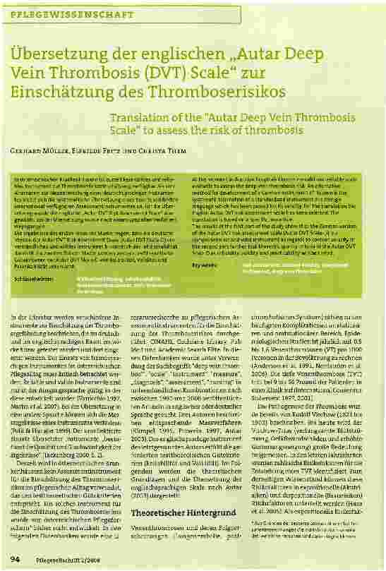 Vorschauseite 1: Übersetzung der englischen „Autar Deep Vein Thrombosis (DVT) Scale zur Einschätzung des Thromboserisikos
