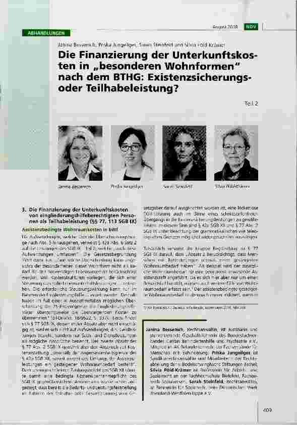 Vorschauseite 1: Die Finanzierung der Unterkunftskosten in „besonderen Wohnformen nach dem BTHG: Existenzsicherungsoder Teilhabeleistung? Teil 2