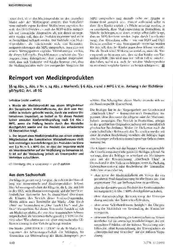 Vorschauseite 1: Reimport von Medizinprodukten