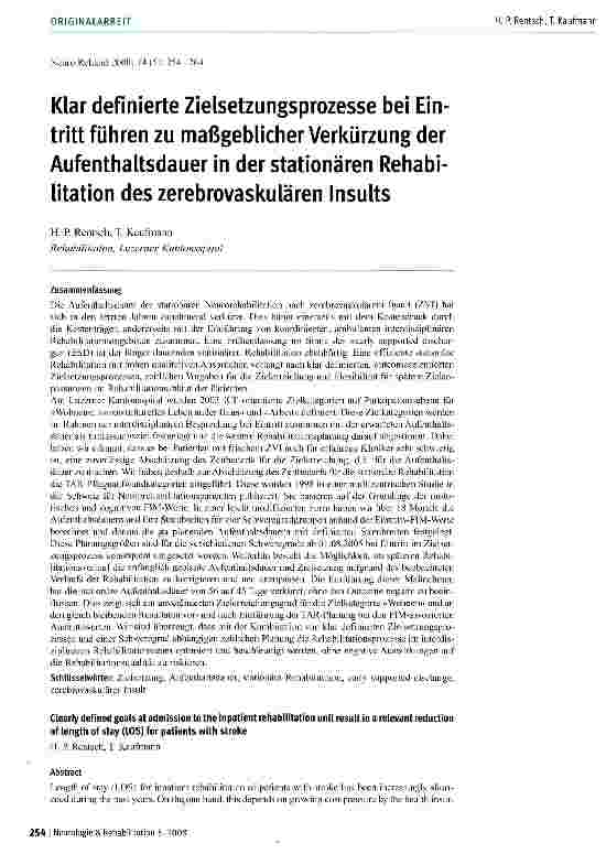 Vorschauseite 1: Klar definierte Zielsetzungsprozesse bei Eintritt führen zu maßgeblicher Verkürzung der Aufenthaltsdauer in der stationären Rehabilitation des zerebrovaskulären Insults