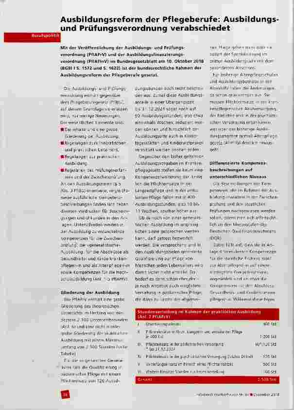 Vorschauseite 1: Ausbildungsreform der Pflegeberufe: Ausbildungsund Prüfungsverordnung verabschiedet