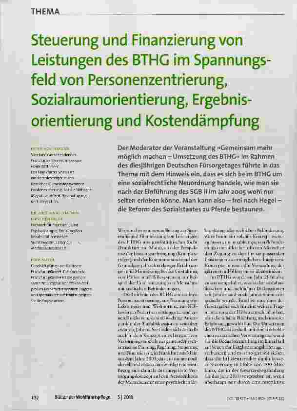 Vorschauseite 1: Steuerung und Finanzierung von Leistungen des BTHG im Spannungsfeld von Personenzentrierung, Sozialraumorientierung, Ergebnisorientierung und Kostendämpfung