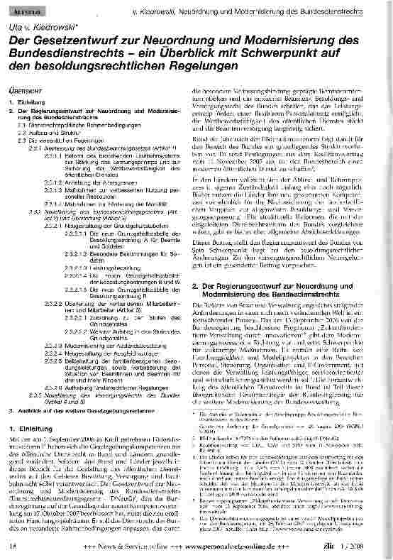 Vorschauseite 1: Der Gesetzentwurf zur Neuordnung und Modernisierung des Bundesdienstrechts - ein Überblick mit Schwerpunkt auf den besoldungsrechtlichen Regelungen
